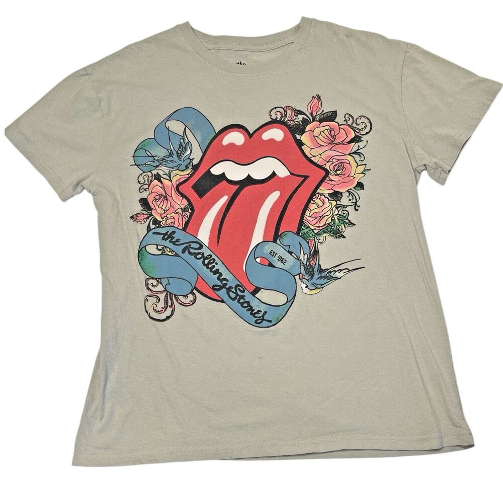 Rolling Stones Tongue Floral Graphic Tee Classic Rock L Sage Green Top Spring ✨